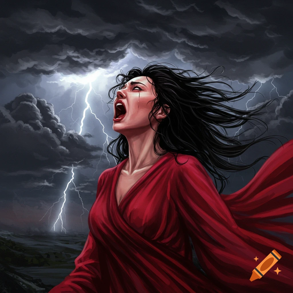 A woman in a red dress, mouth open and crying out in distress, with her black hair blowing against a stormy sky filled with lightning.