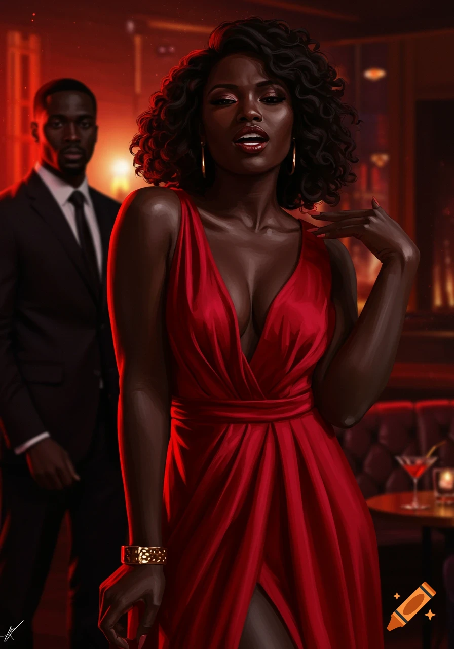 Sultry digital painting of a smirking Black woman in a red dress, with a Black man in a suit in a dim, elegant bar.