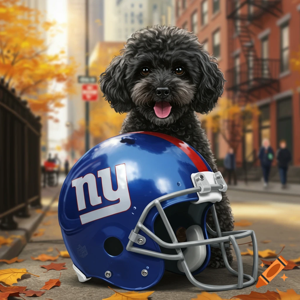 A fluffy black poodle sits behind a blue New York Giants football helmet on an autumn city street, photorealistic style.