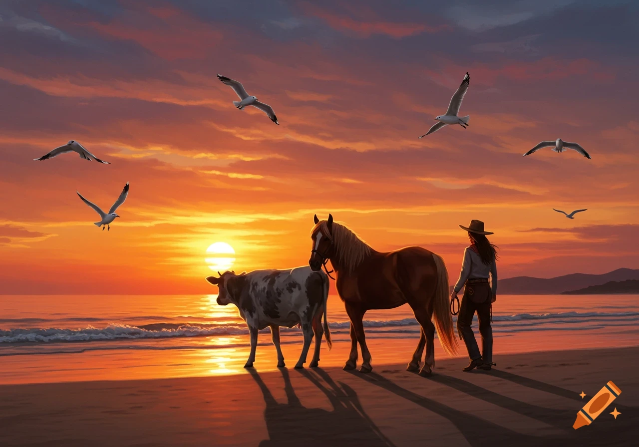A cowgirl walks a horse and cow along a beach at sunset, with seagulls flying overhead, in a digital painting.