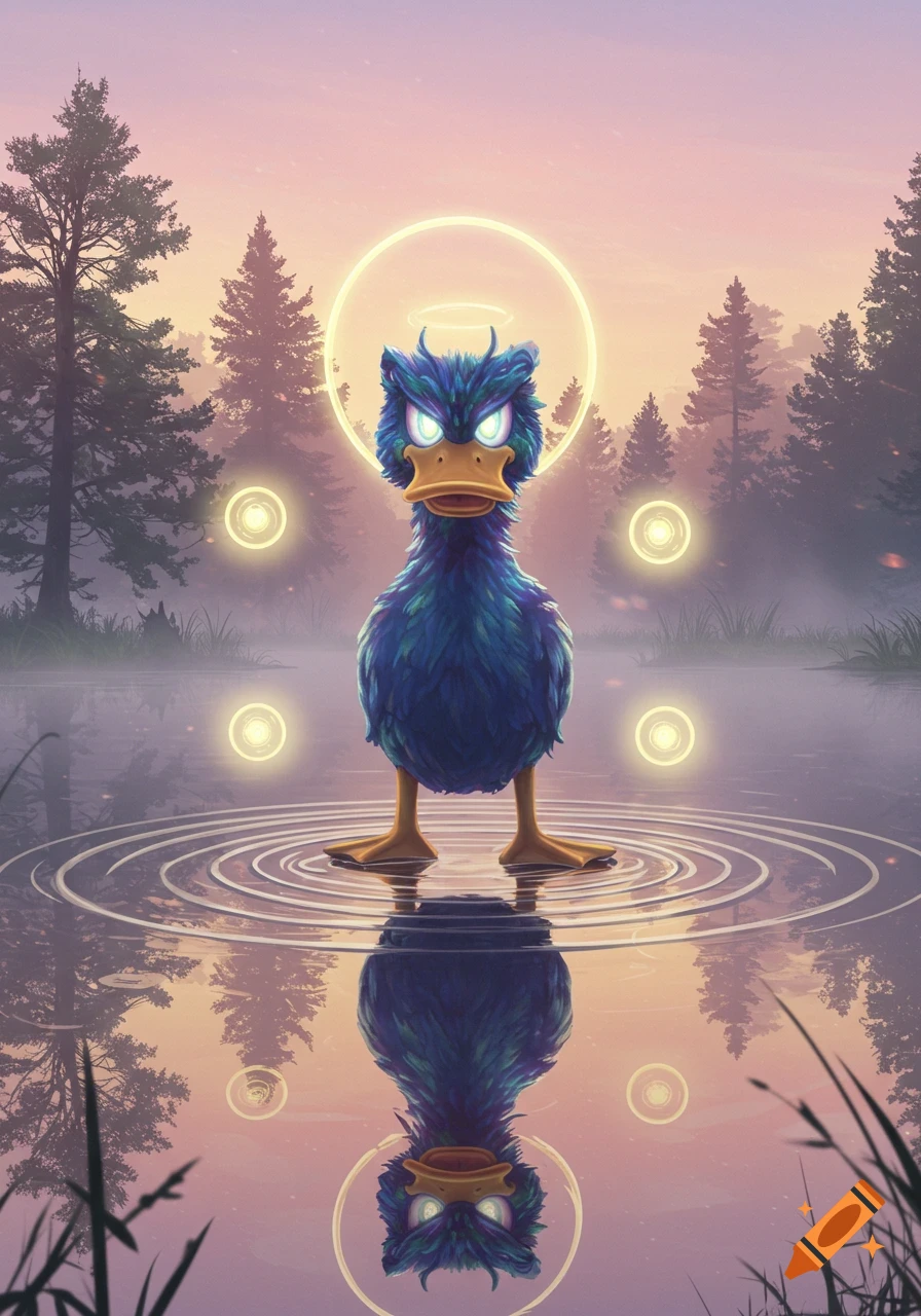 A grumpy blue duck with glowing eyes and a halo stands in a pond, reflecting, surrounded by glowing orbs and a misty forest at sunset.