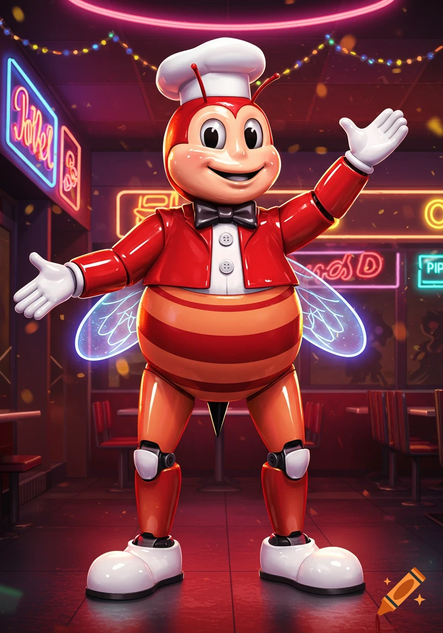 A red and orange animatronic bee mascot with a chef's hat and bowtie stands in a neon-lit restaurant with glowing signs.