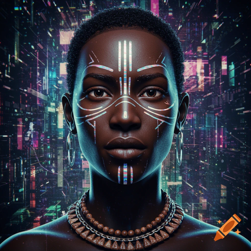 Close-up portrait of a Black woman with glowing futuristic face paint and necklaces against a neon cyberpunk city background.