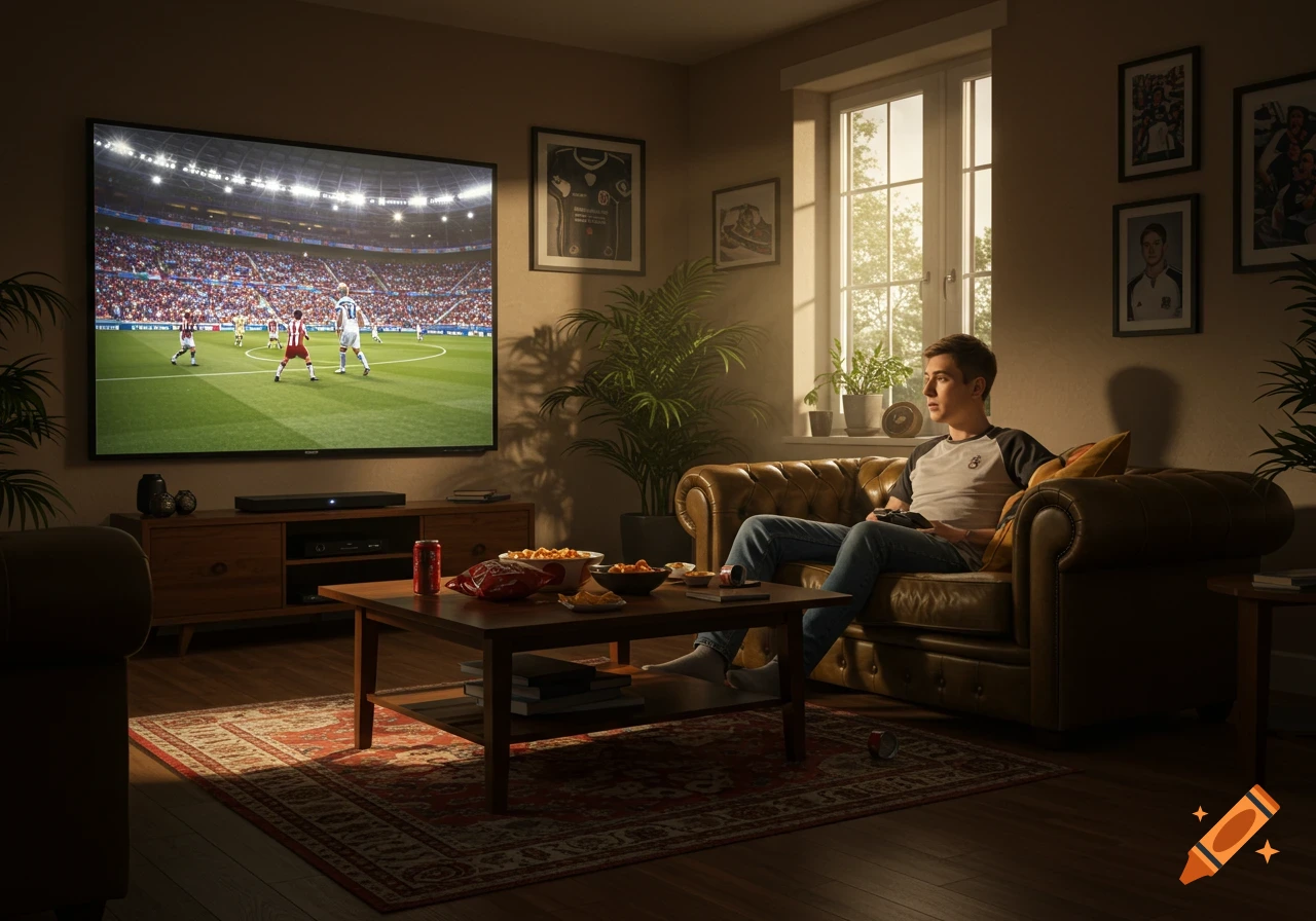 A young man relaxes on a brown leather couch, watching a football match on a large TV in a cozy, sunlit living room.