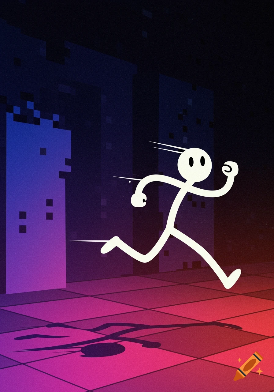 A white stick figure runs quickly across a vibrant pink and purple tiled floor in a dark, pixelated abstract environment.