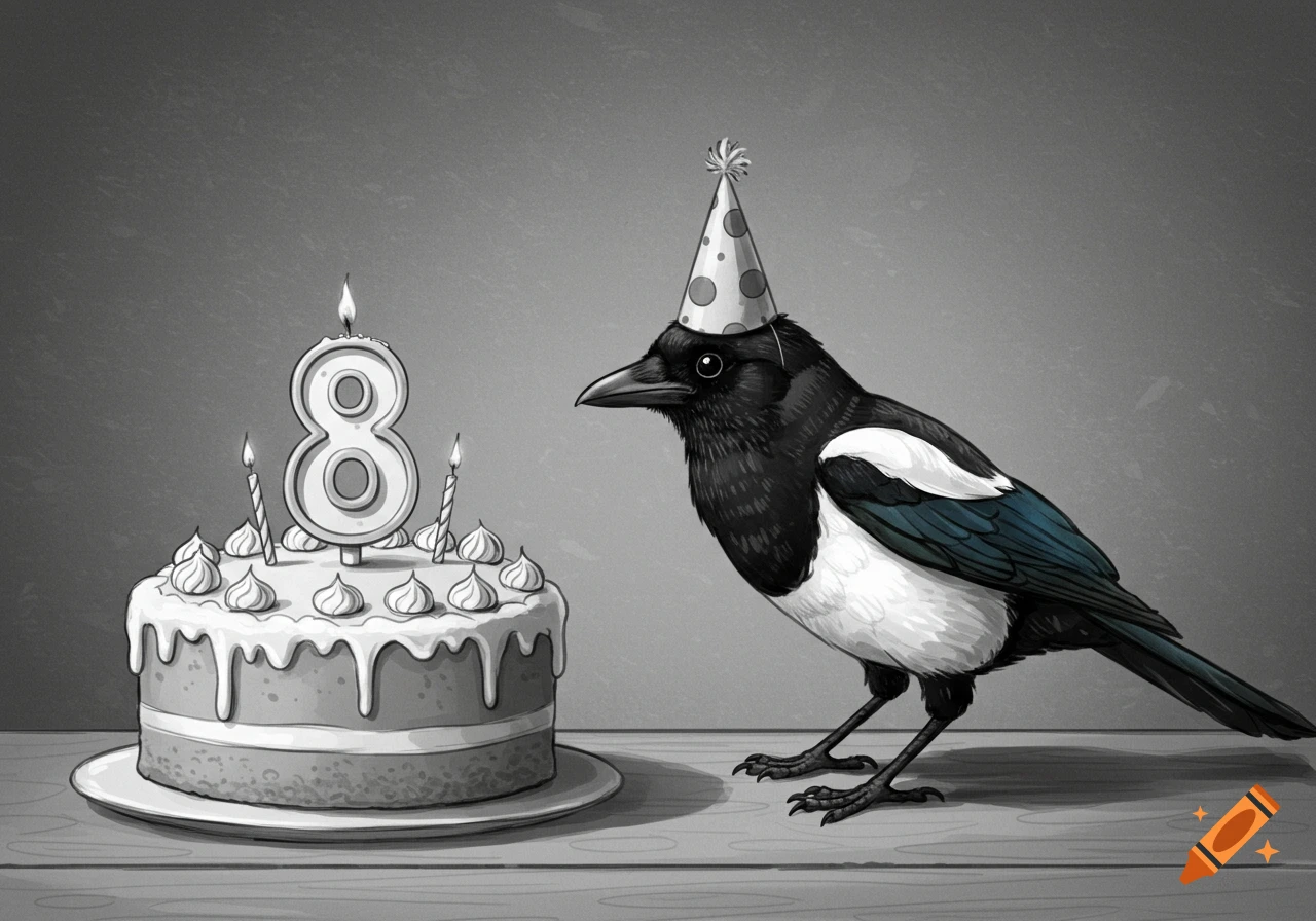 A stylized black and white illustration of a magpie wearing a polka dot party hat, standing next to a birthday cake with a number 8 candle.