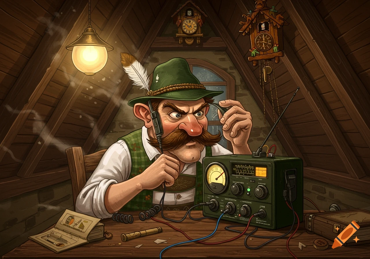 A cartoonish, suspicious-looking man in a green hat and vest adjusts a ham radio in a dusty attic.