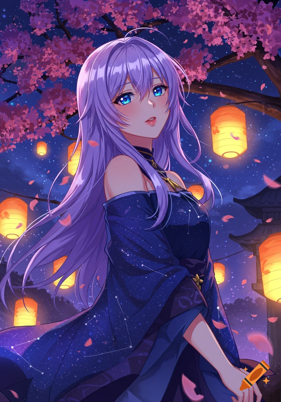 Anime girl with long lavender hair and blue eyes in a dark blue kimono with star patterns, under pink cherry blossoms and glowing lanterns at night.