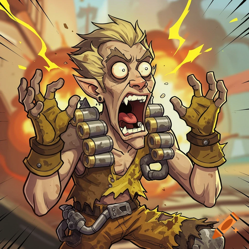 Cartoon depiction of Junkrat from Overwatch screaming in fear, with an explosion in the background, in a comic book style.