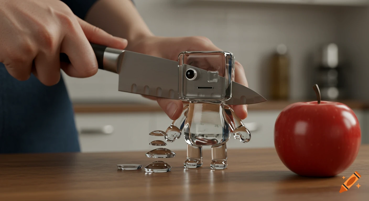 A human hand holds a knife, slicing a clear glass robot into transparent discs next to a red apple on a wooden table.
