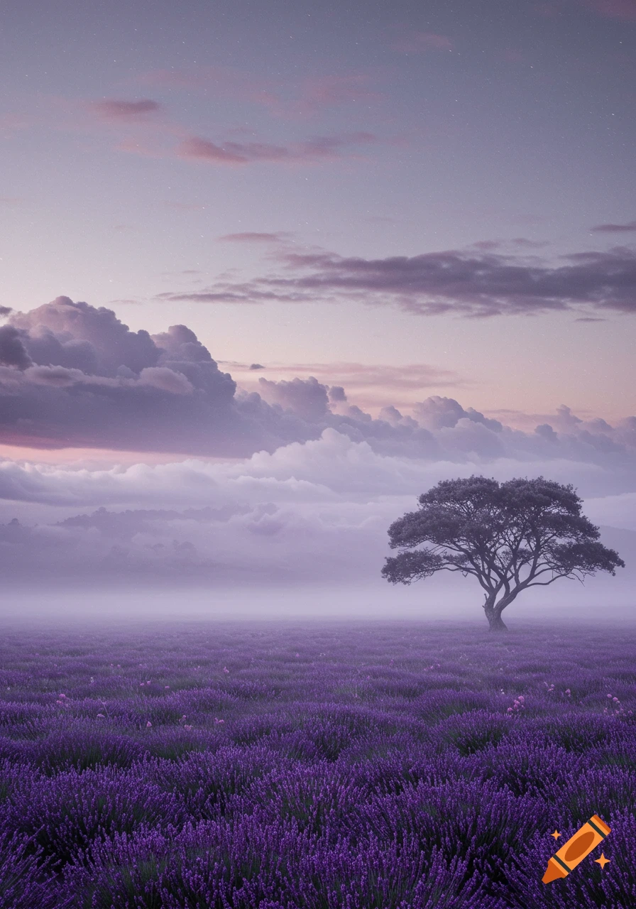A lone tree in a vast, misty purple lavender field under a pastel twilight sky with soft clouds.