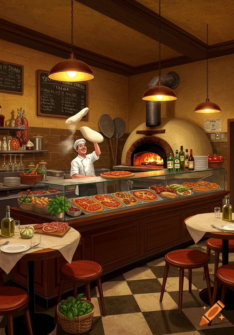 An illustrated scene of a smiling chef tossing pizza dough in a rustic pizza kitchen with a wood-fired oven and a display of pizzas.