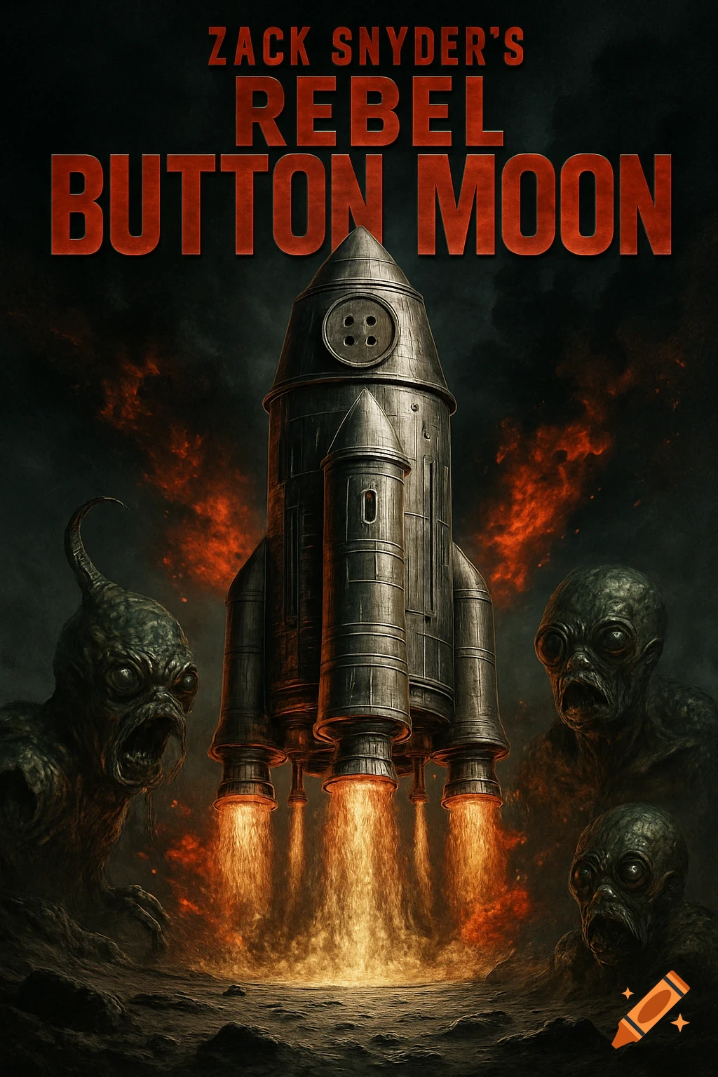 Dark movie poster for 'Zack Snyder's Rebel Button Moon' with a metallic rocket lifting off, surrounded by grotesque aliens.