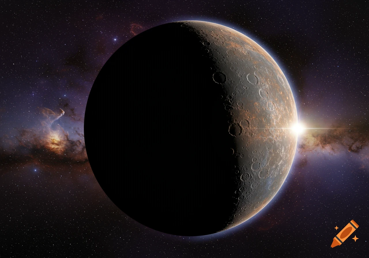 A close-up, photorealistic view of the planet Mercury, half illuminated by a bright sun, against a vibrant starry nebula background.