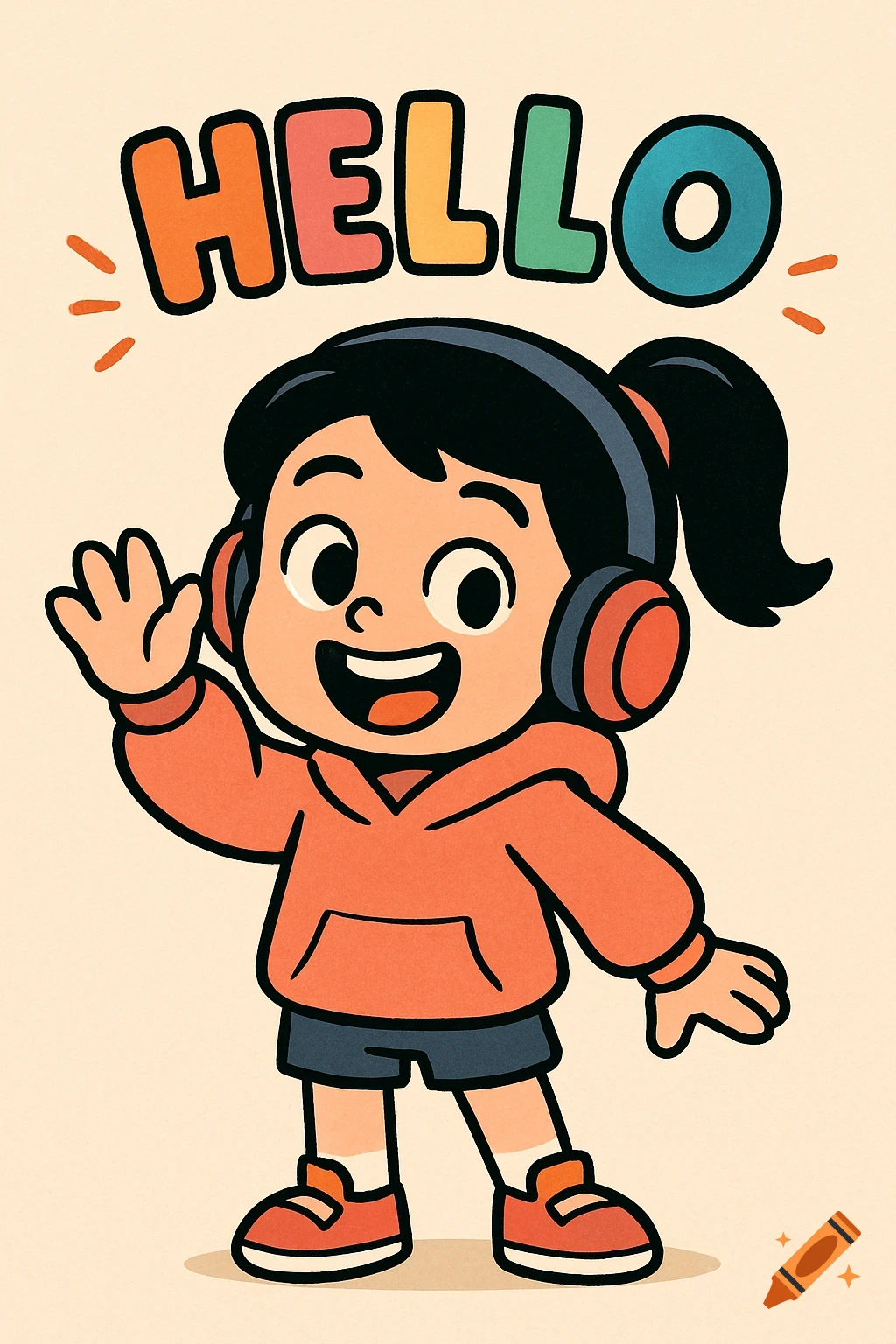Cheerful 2D cartoon girl with black hair, headphones, hoodie, and shorts waving enthusiastically under the word 'HELLO'.