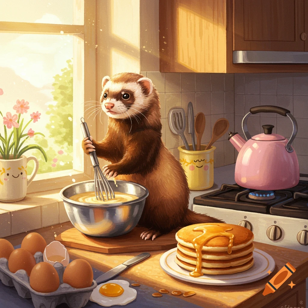 A charming cartoon ferret mixes batter in a bowl in a sunny kitchen, with pancakes, eggs, and a pink kettle nearby.