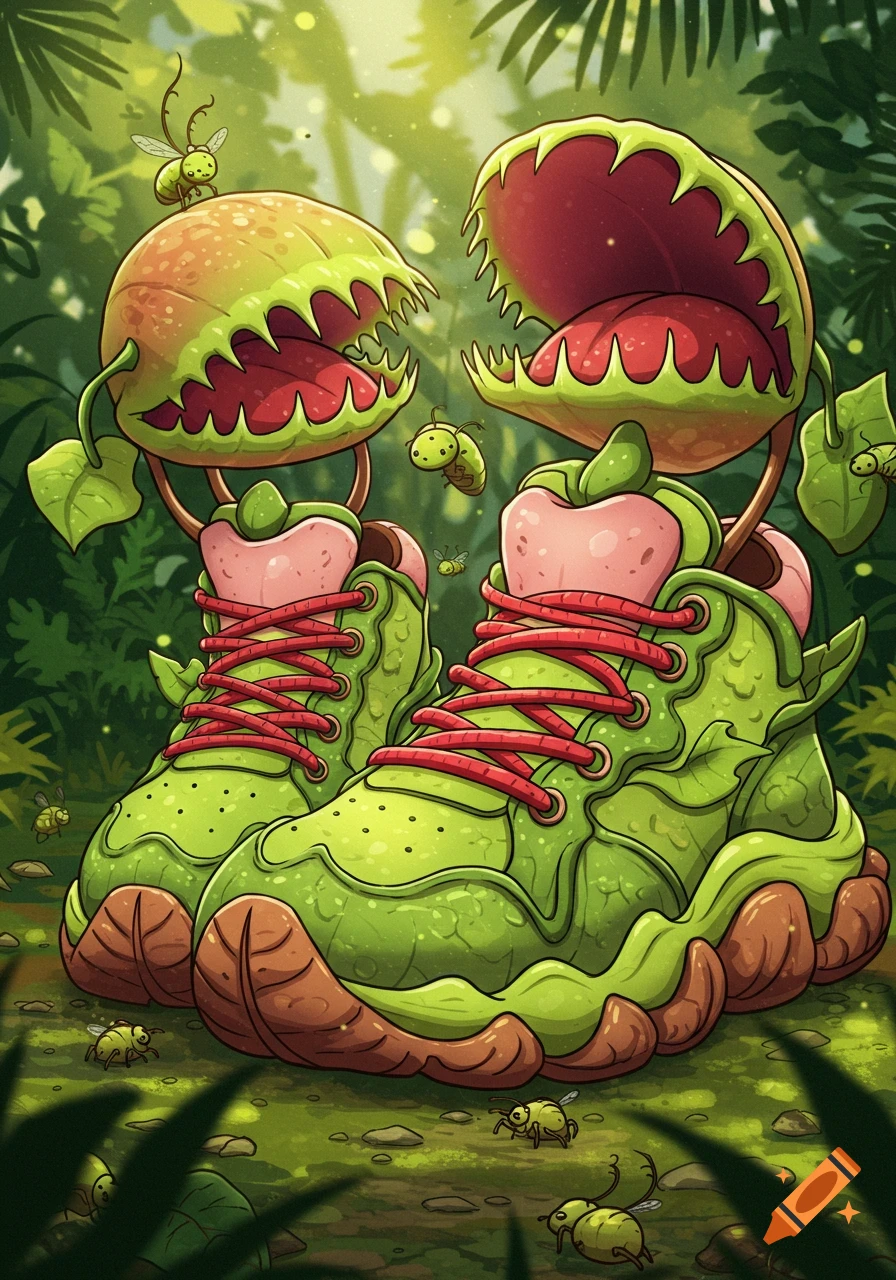 Cartoon illustration of green sneakers with Venus flytrap details, surrounded by small bugs in a jungle setting.