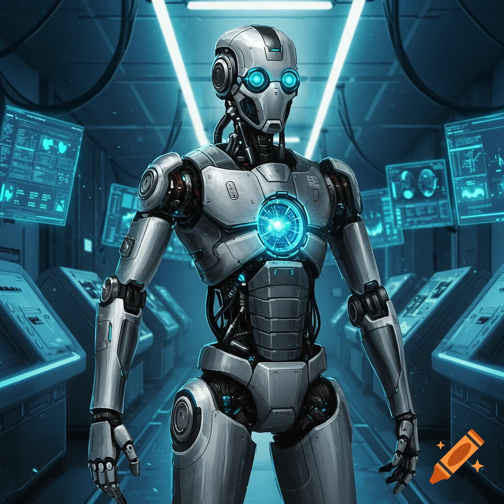 A futuristic silver robot with glowing blue eyes and a chest power core stands in a high-tech control room with data screens.