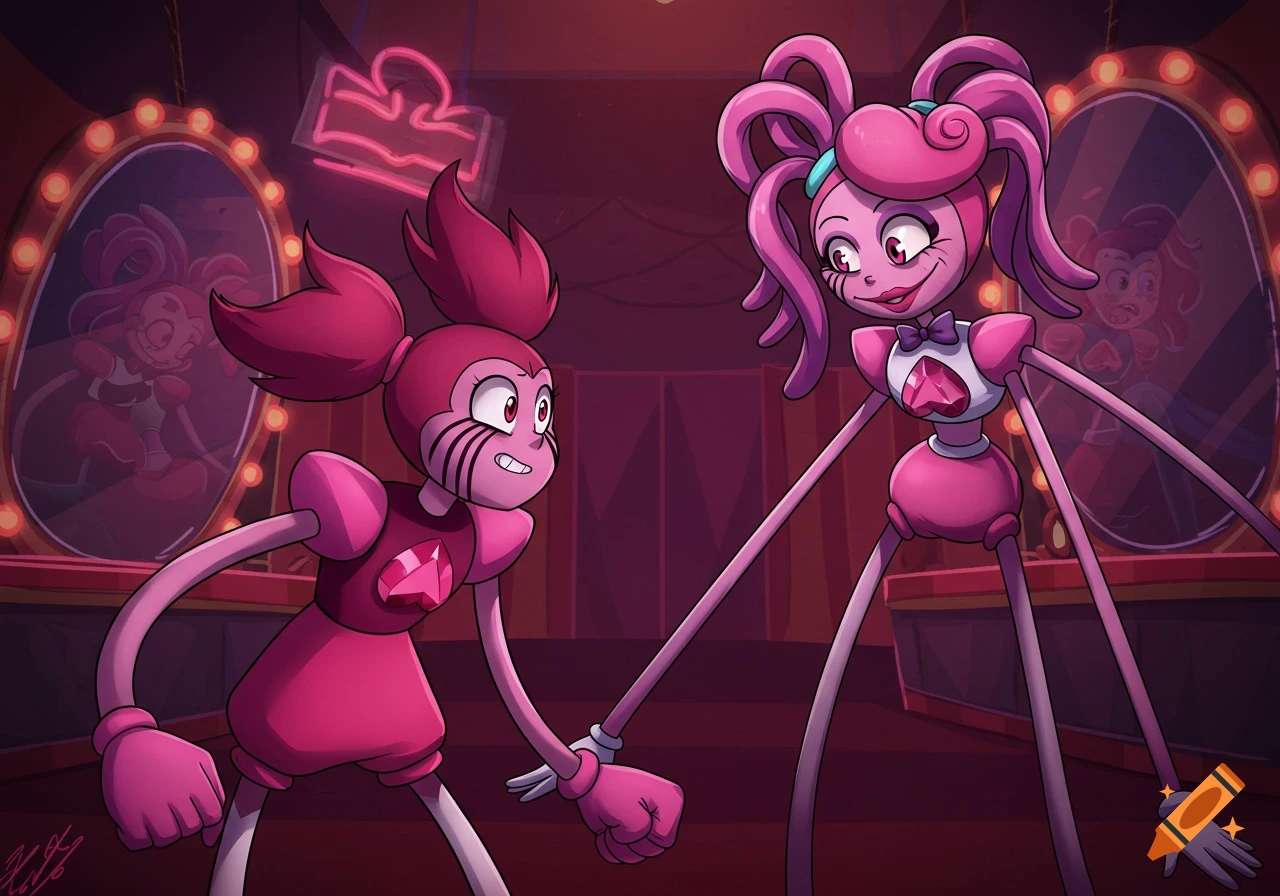 Spinel from Steven Universe and Mommy Long Legs from Poppy Playtime, both pink cartoon characters, stand in a theatrical dressing room with mirrors and a neon sign.