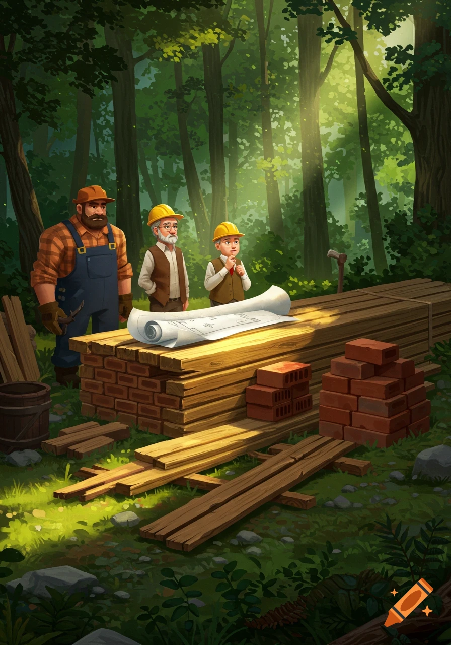 Three illustrated construction workers stand in a forest looking at a blueprint on a pile of wood and bricks.