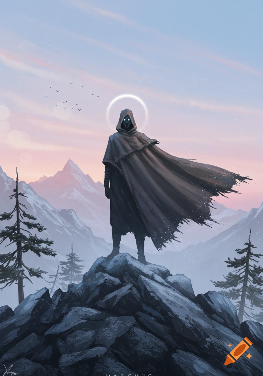 A mysterious hooded figure with glowing eyes stands on a snowy mountain peak against a pastel sky, digital illustration.