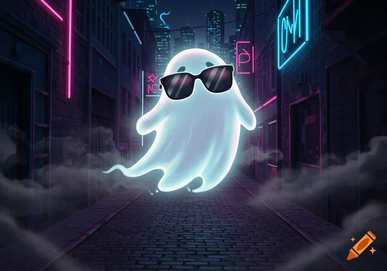 A cool cartoon ghost with sunglasses floats in a dark city alley illuminated by neon lights.
