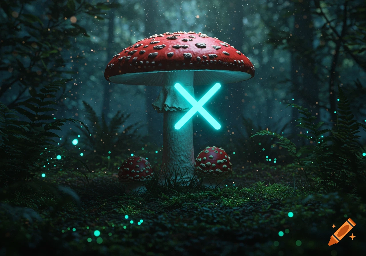 A glowing cyan 'X' on a red mushroom in a dark, mystical forest with luminous particles.