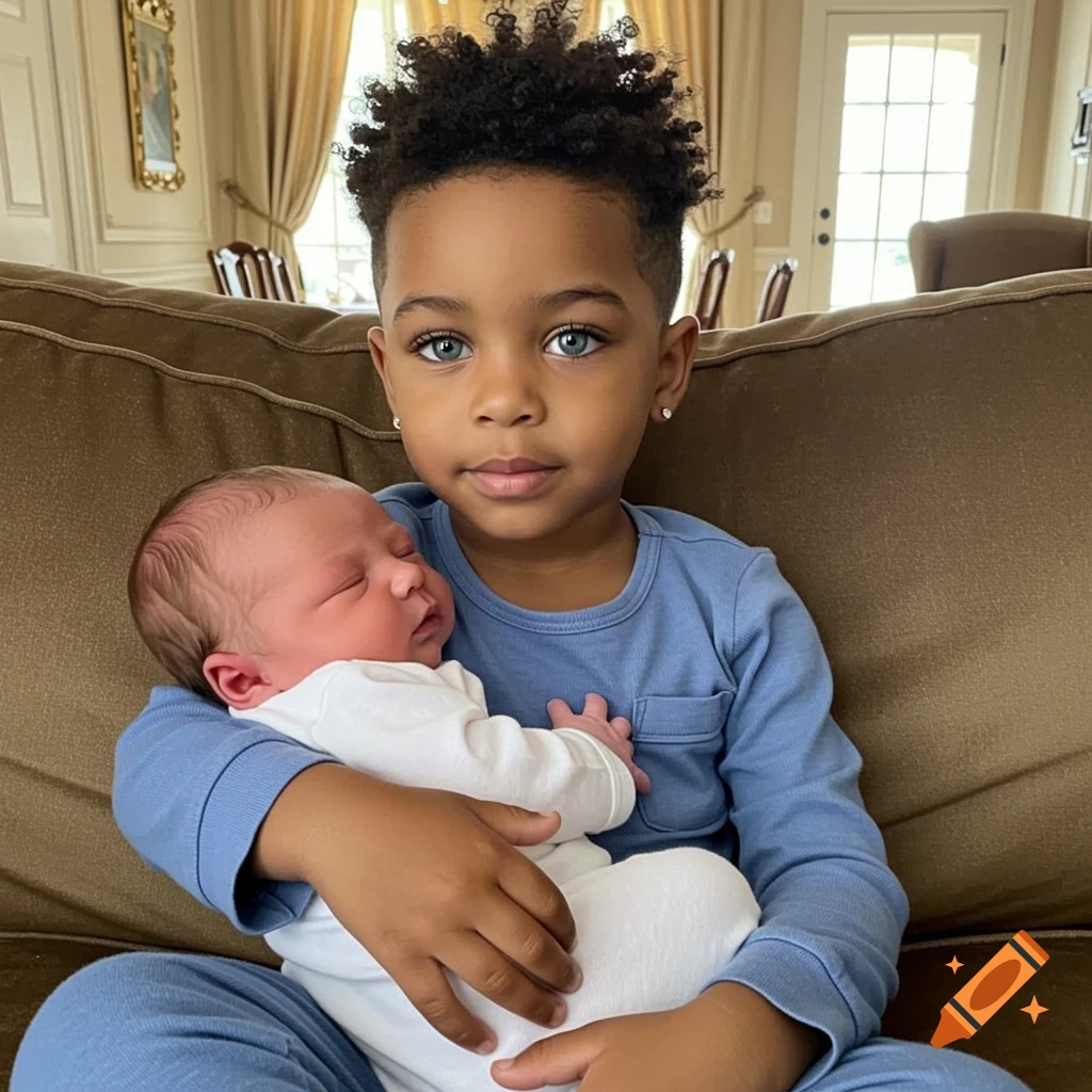 A young boy with curly dark hair and blue eyes holds a sleeping newborn baby on a couch.