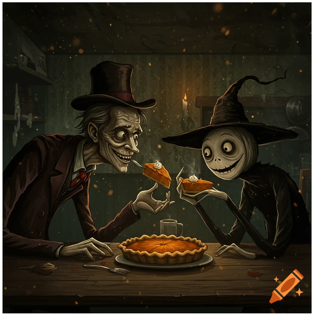 Stylized illustration of the Crooked Man and the Babadook sharing pumpkin pie at a candlelit table, in a dark, macabre style.