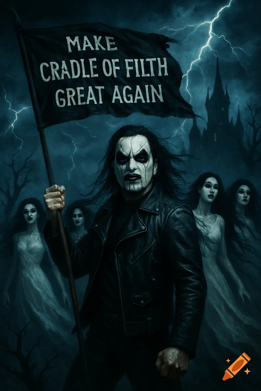 Man in corpse paint and leather jacket holds a banner saying "MAKE CRADLE OF FILTH GREAT AGAIN" with vampire women and a dark castle in a stormy night.