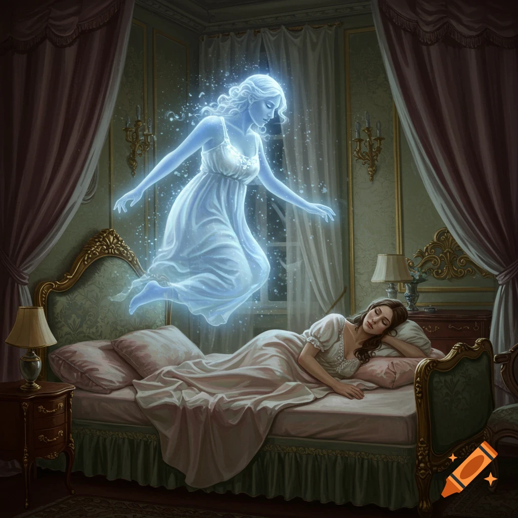 A woman sleeps peacefully in a lavish bedroom as her glowing, ethereal spirit floats above her body.