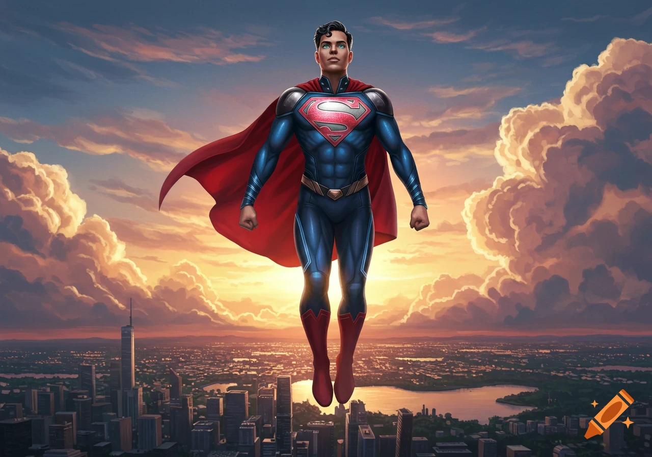 A superhero resembling Superman in a blue suit with a red cape and 'S' emblem flies over a city at sunset, with a vibrant sky.