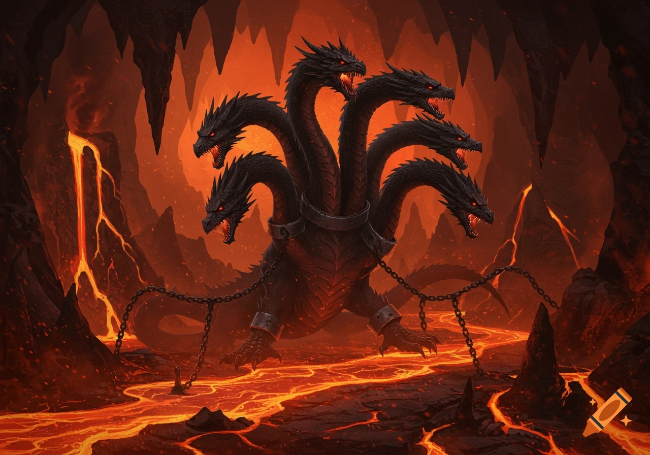 A chained, multi-headed black dragon with glowing red eyes stands in a dark lava-filled cave with stalactites.