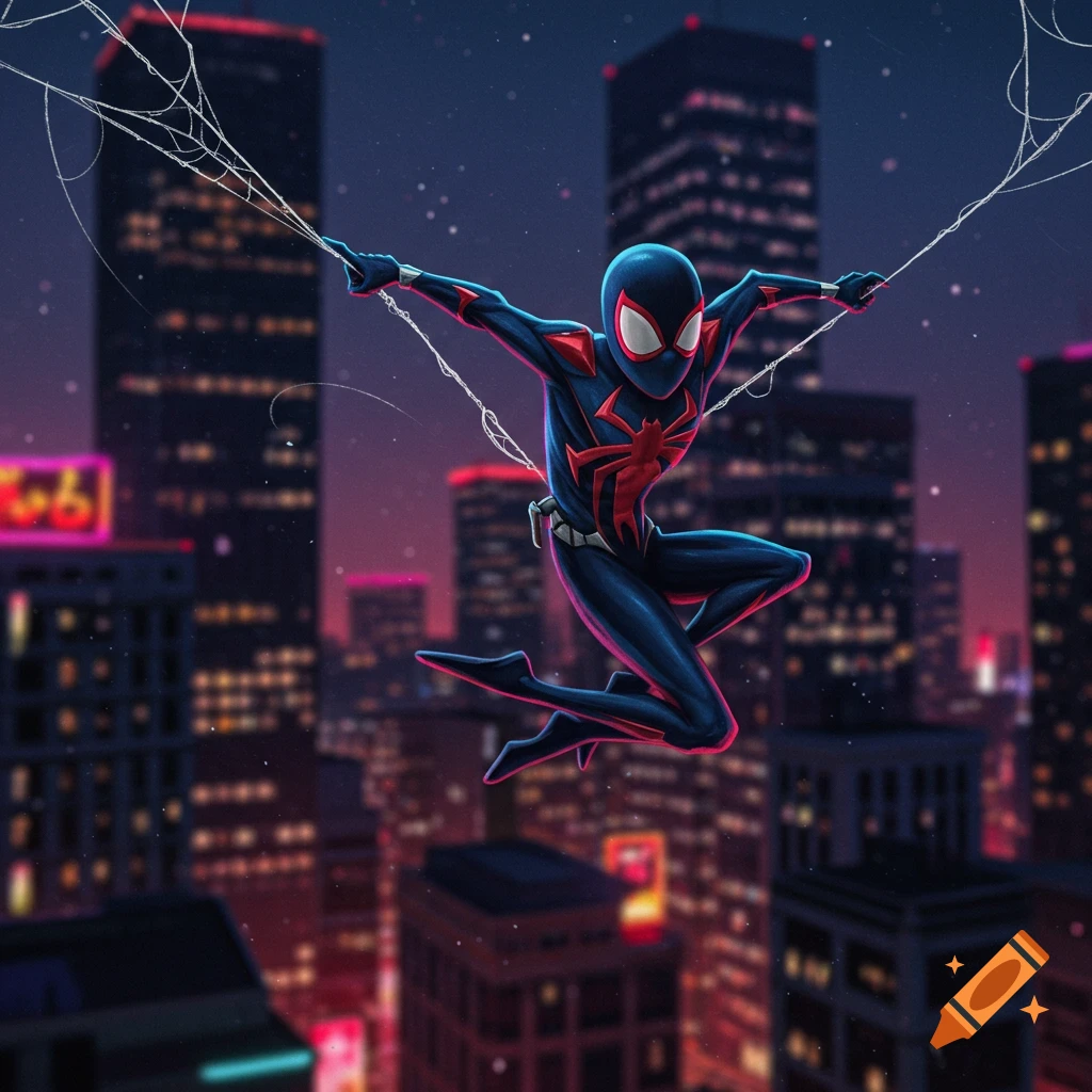 Miles Morales as Spider-Man swings through a futuristic city at night, vibrant neon lights illuminating the background in a comic art style.