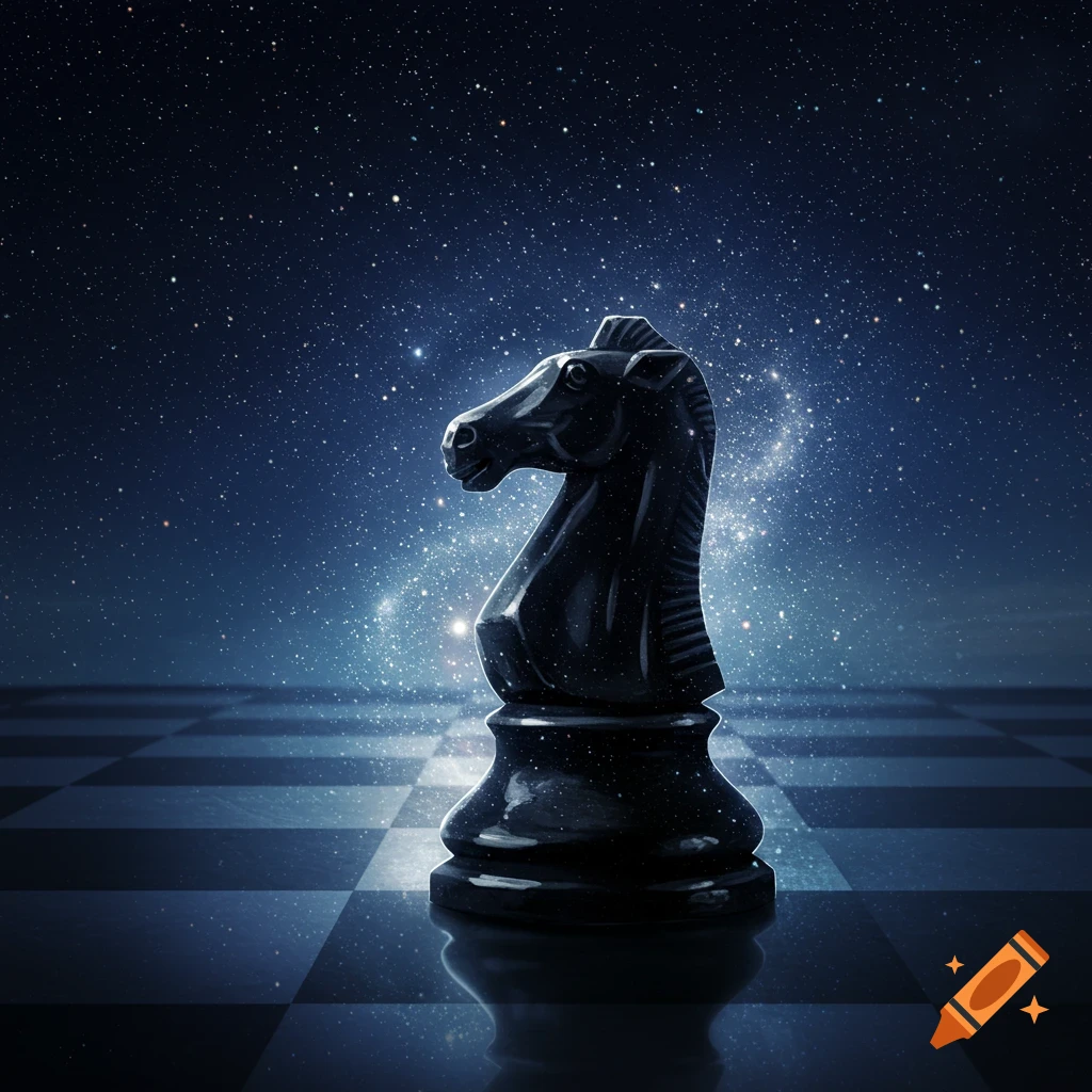 A dark, gleaming chess knight stands on a reflective chessboard under a vibrant, star-filled night sky.