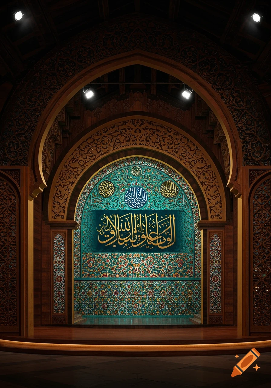 An ornate Islamic archway with intricate wooden carvings, colorful patterns, and golden Arabic calligraphy on a teal panel.