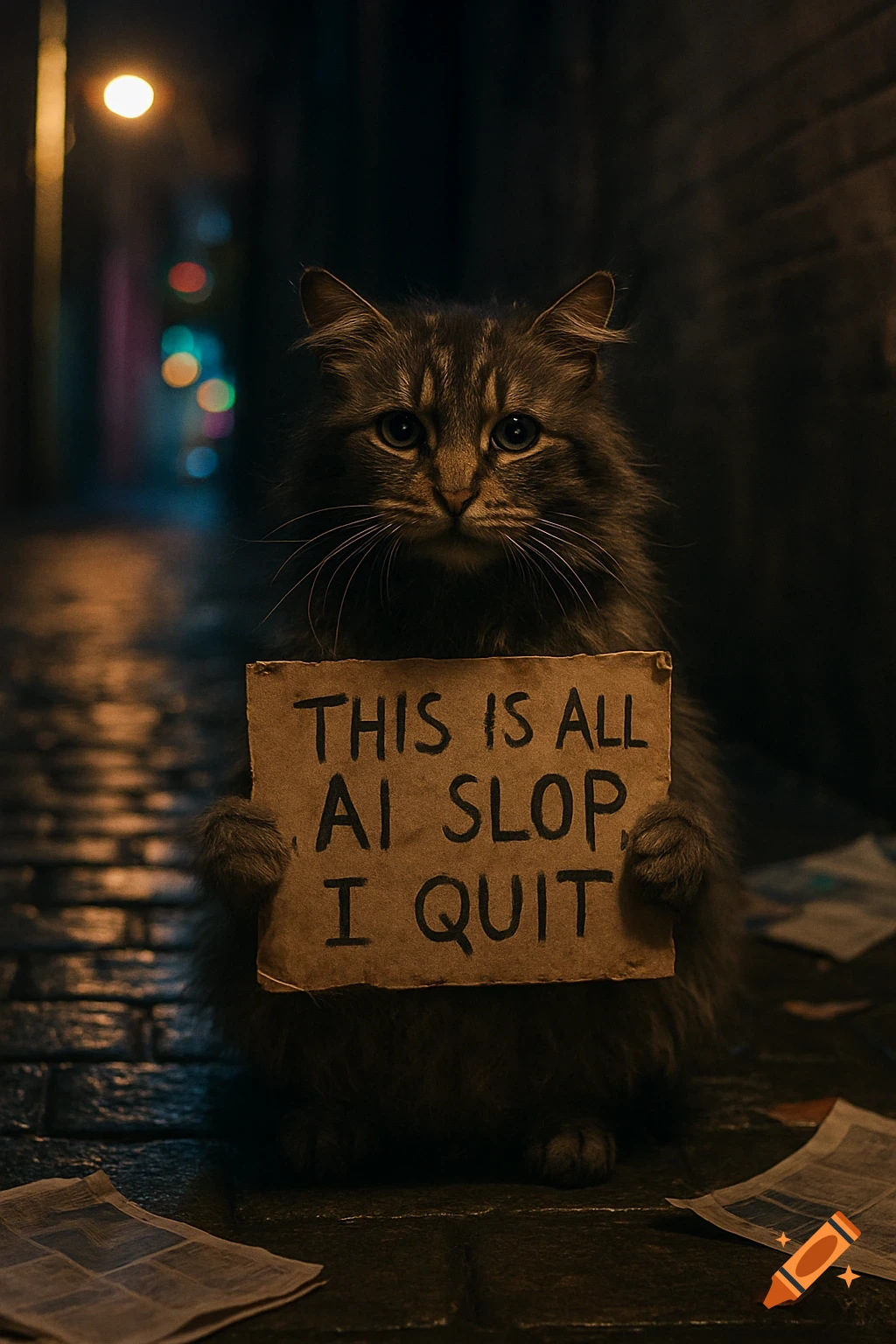 A photorealistic fluffy grey tabby cat sits in a dark, wet alley, holding a cardboard sign that reads, 'THIS IS ALL AI SLOP, I QUIT.'