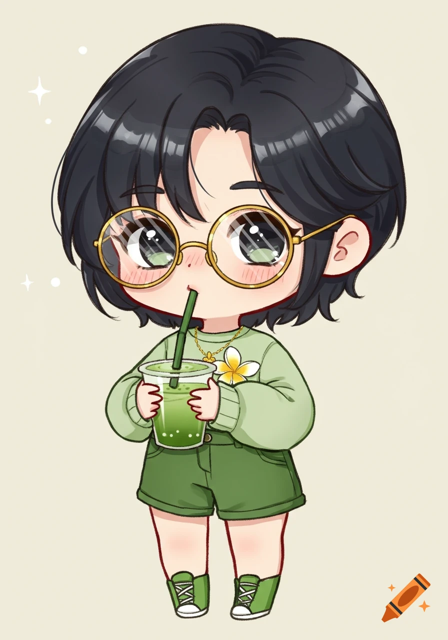 A cute anime chibi character with black hair and round glasses sips a matcha drink in a green outfit.