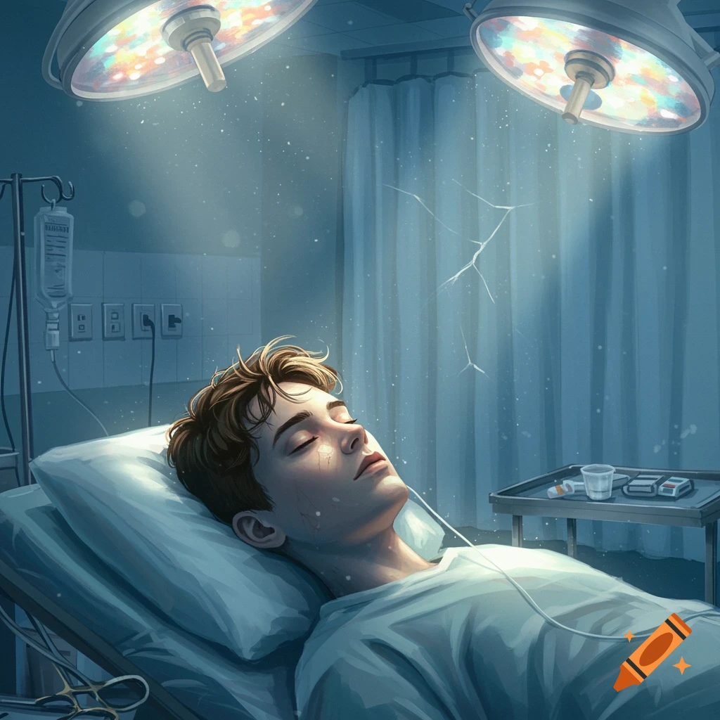 Illustrated scene of a teenage boy lying in a hospital bed, connected to an IV drip, under bright surgical lights.