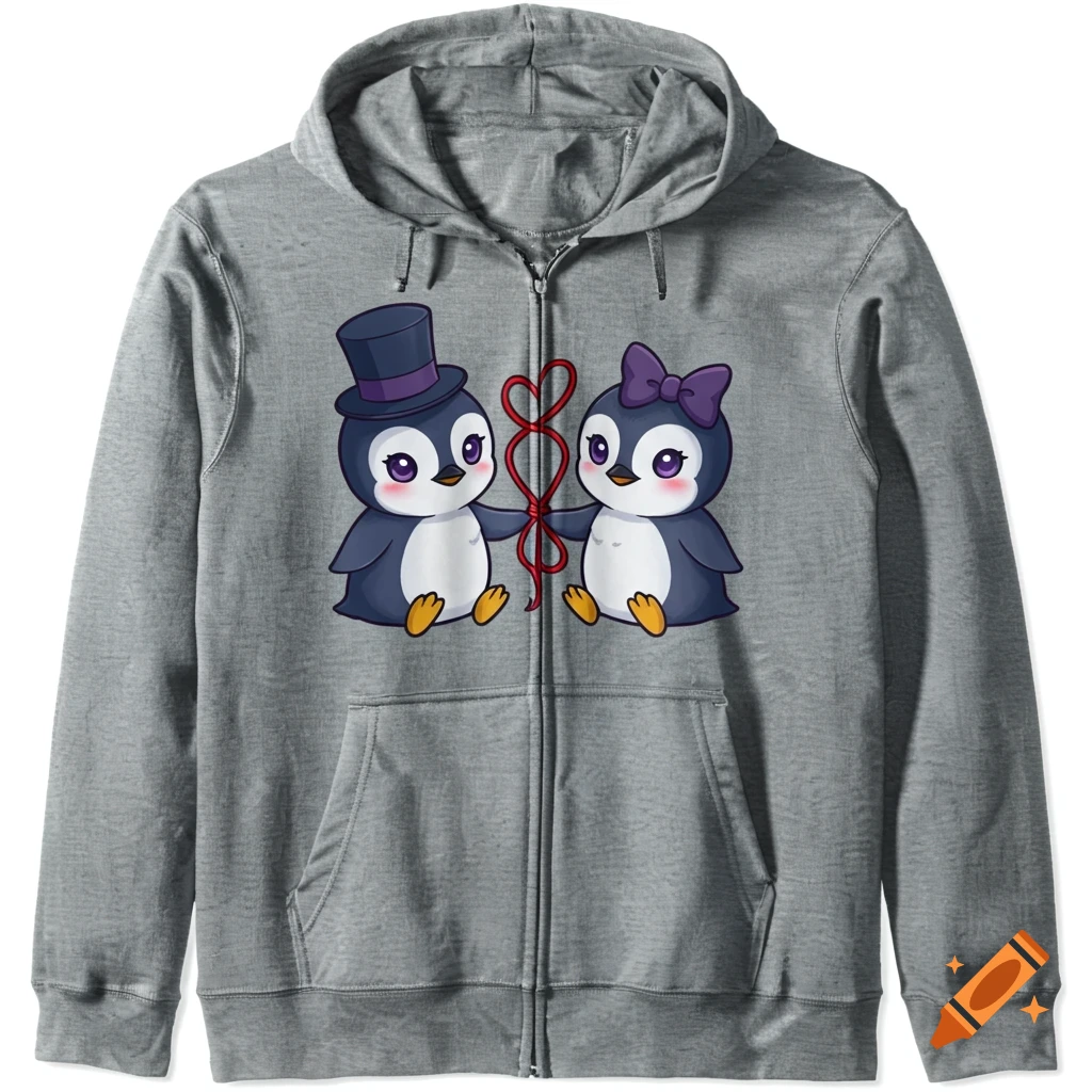 Two cute chibi penguins, one in a sapphire top hat and the other with a violet bow, holding a red string of fate, on a gray zip-up hoodie.