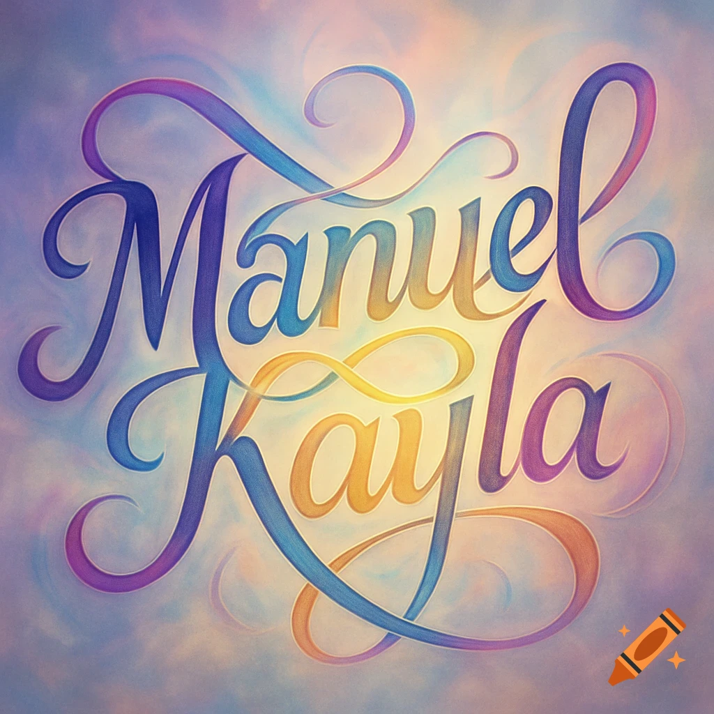 Colorful, calligraphic script of the names "Manuel" and "Kayla" merged together, with a gradient background.
