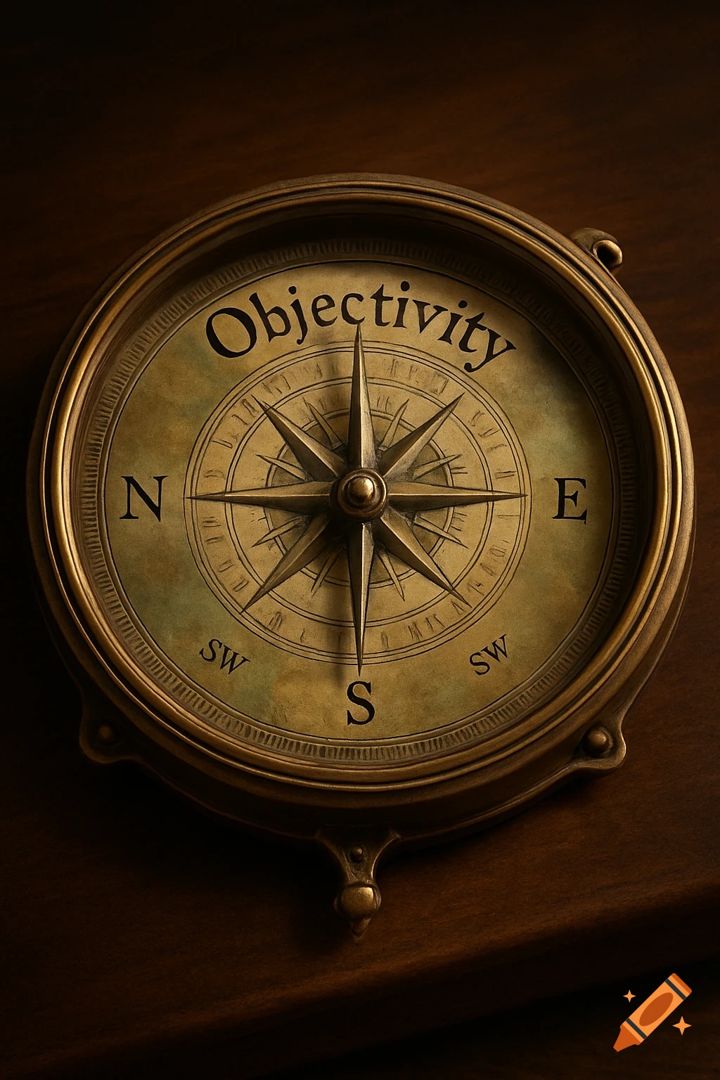 An antique brass compass with 'Objectivity' at the top instead of North, on a dark wooden surface.