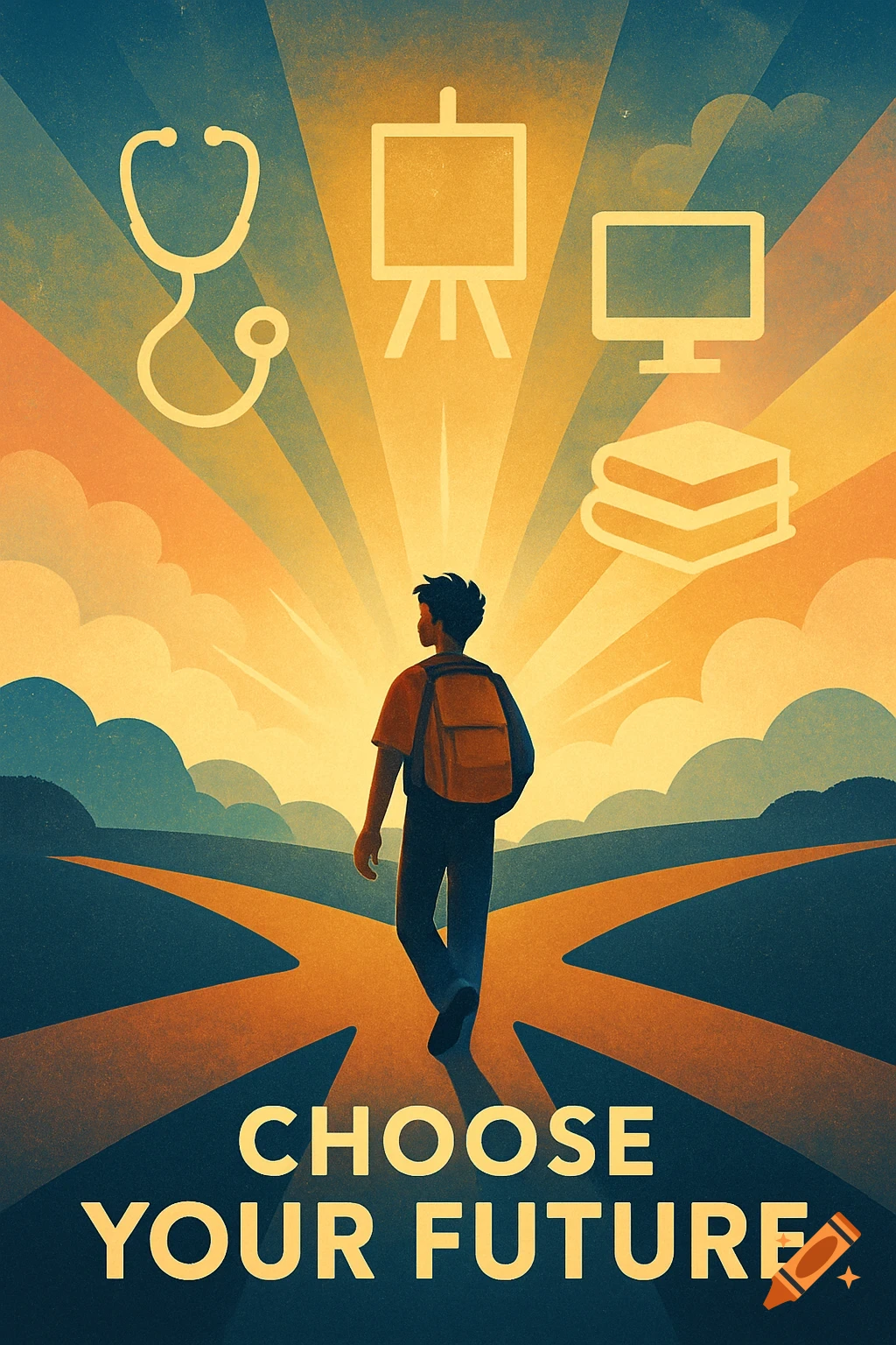 Textured illustration of a person walking on a branching path towards career icons, under a glowing sunrise, with text 'CHOOSE YOUR FUTURE'.