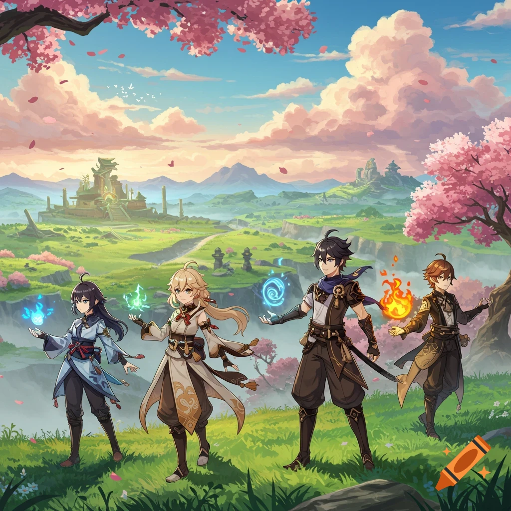 Four anime-style characters with elemental powers stand in a vibrant fantasy landscape with cherry blossoms and distant temples under a pastel sky.