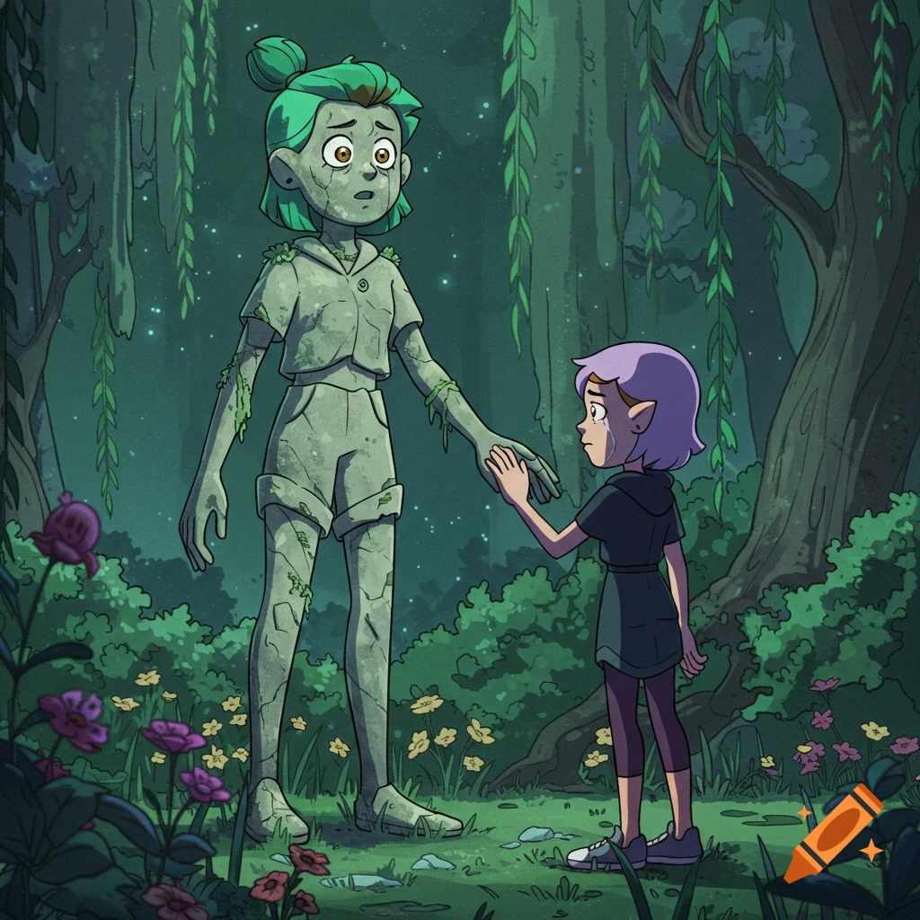 Amity touches the moss-covered stone statue of Luz in a gloomy, magical forest, both characters looking sad in a cartoon style.