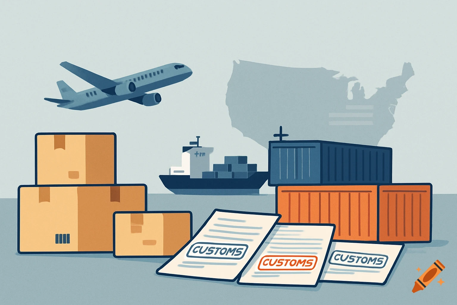 Digital illustration of international shipping logistics with an airplane, cargo ship, containers, boxes, and customs documents over a US map silhouette.