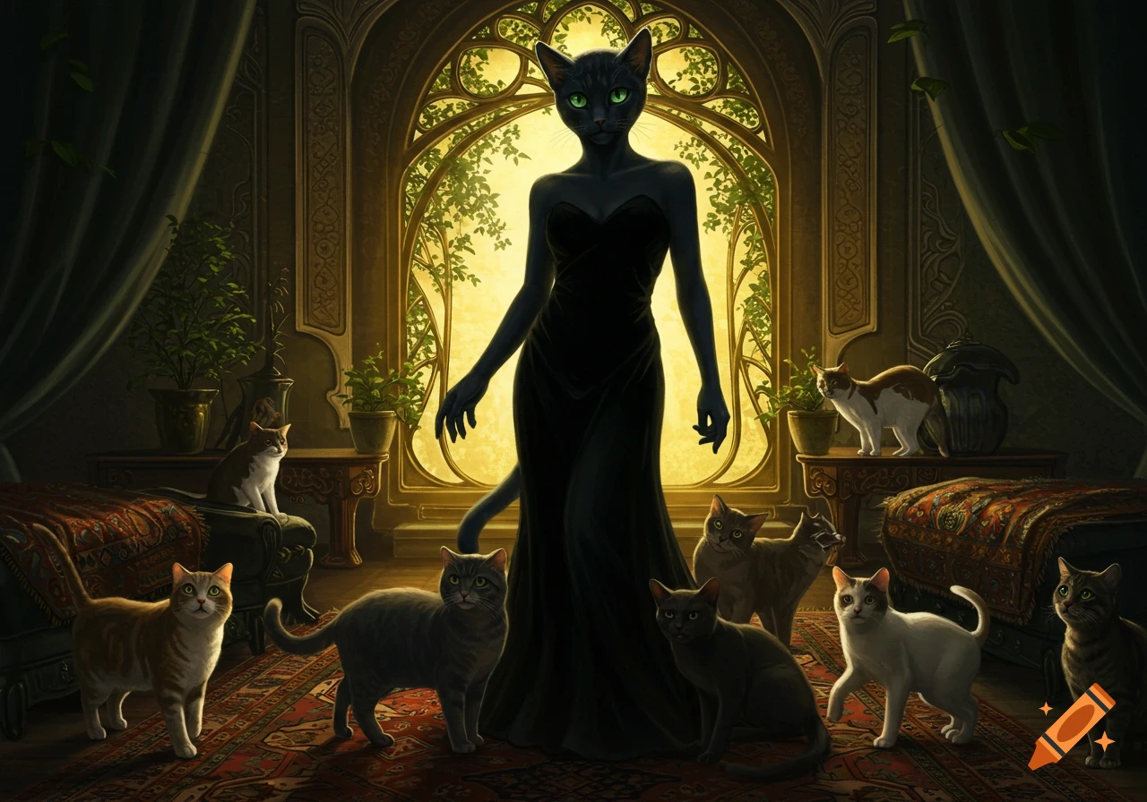 A tall, dark cat-woman in a black dress stands in an ornate room, surrounded by several domestic cats. Sunlight streams through a large, arching window behind her.