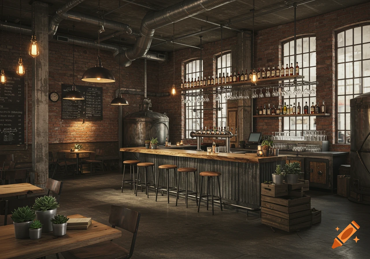 Photorealistic interior of a trendy, industrial-style brewpub with exposed brick, large windows, a wooden bar, and metal stools.