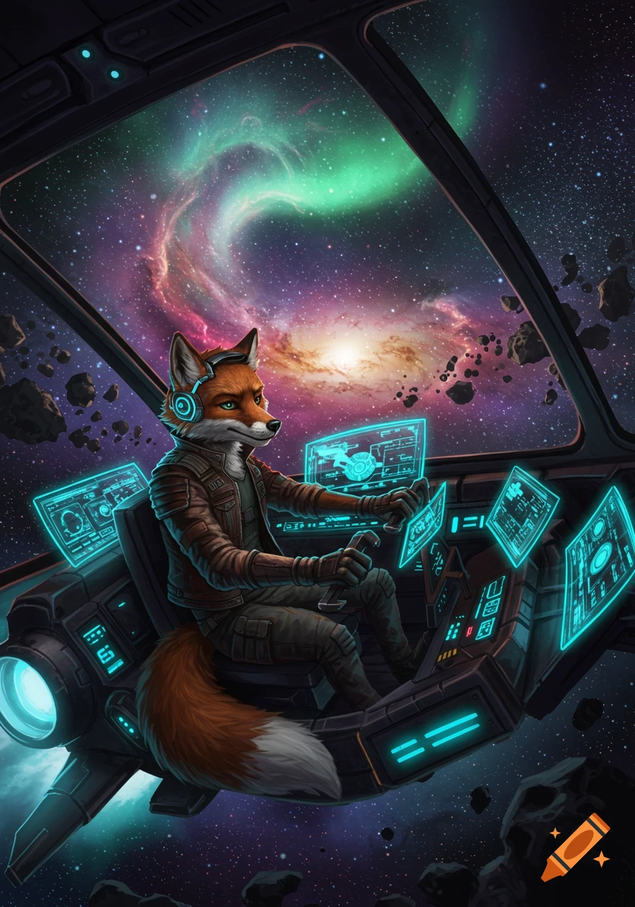 An anthropomorphic fox pilot in a spaceship cockpit, controlling the ship while looking out at a vibrant galaxy.