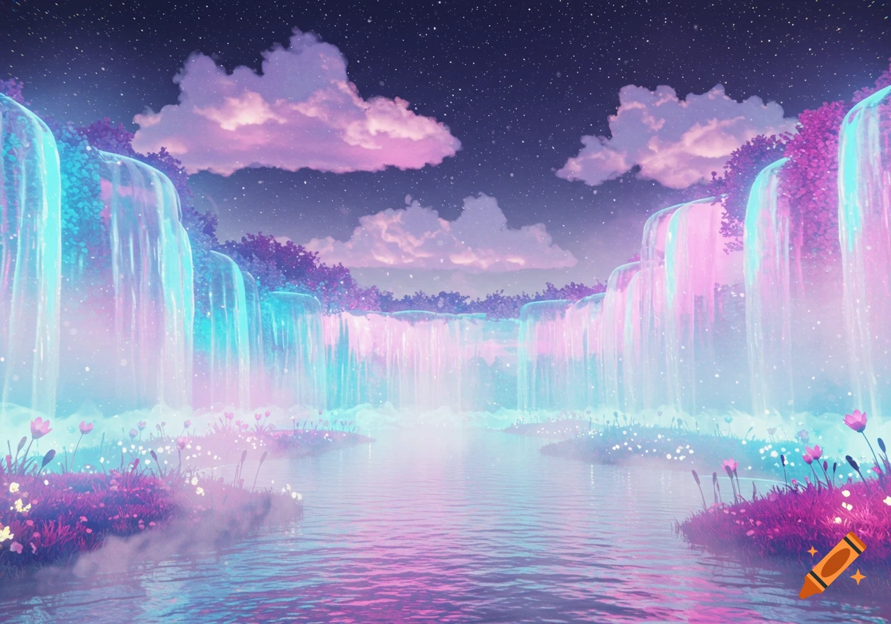 A dreamy landscape with pink and blue glowing waterfalls, a river, and lush foliage under a starry night sky.